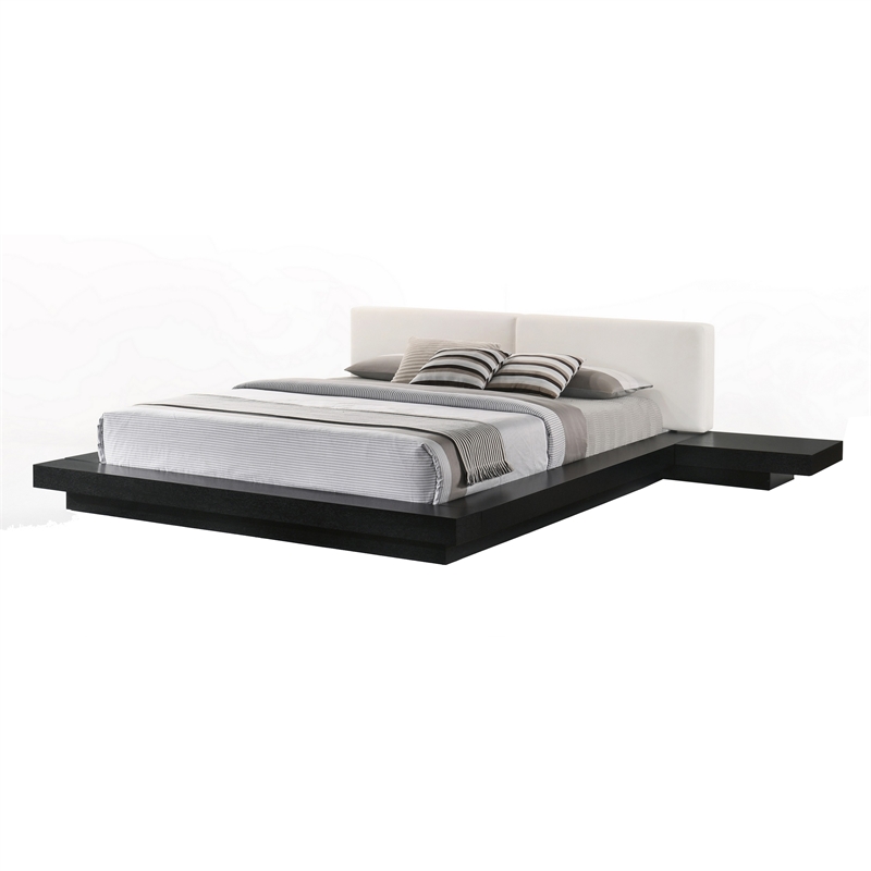 Nia Queen Size Bed- White Faux Leather- Black Low Profile Platform Bed