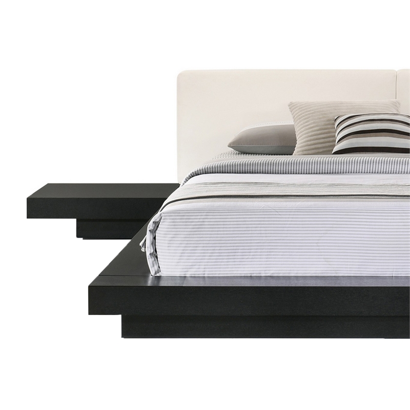 Nia Queen Size Bed- White Faux Leather- Black Low Profile Platform Bed