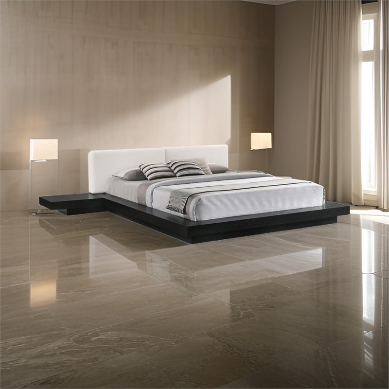 Nia Queen Size Bed- White Faux Leather- Black Low Profile Platform Bed