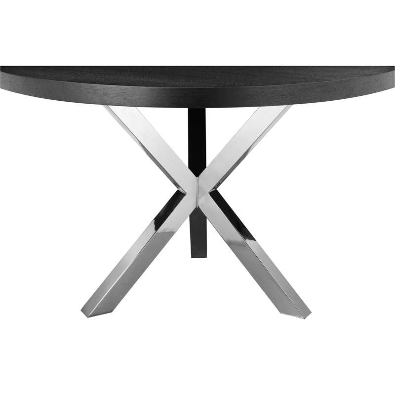 Emi 47 Inch Round Dining Table- X- Cross Metal Base- Black Wood- Silver