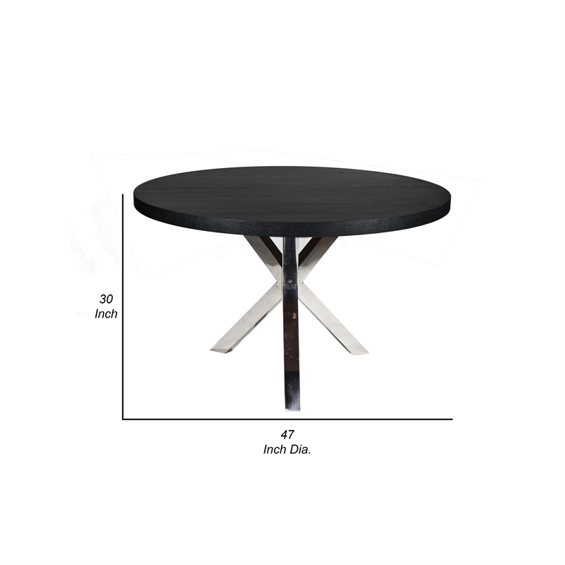 Emi 47 Inch Round Dining Table- X- Cross Metal Base- Black Wood- Silver