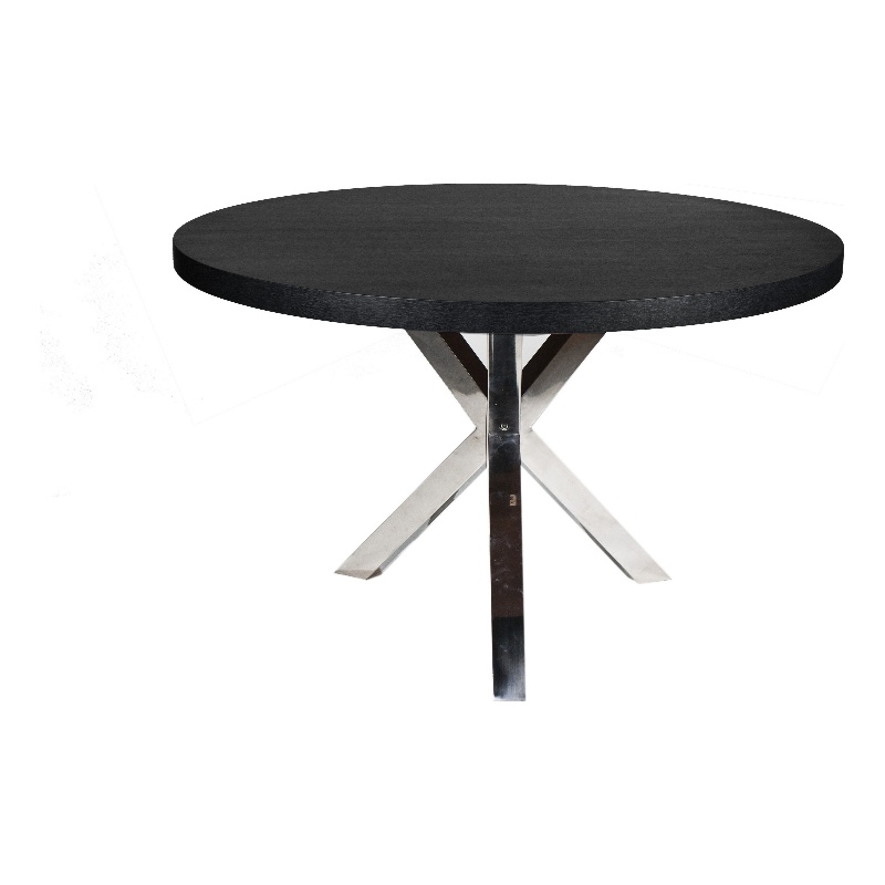 Emi 47 Inch Round Dining Table- X- Cross Metal Base- Black Wood- Silver