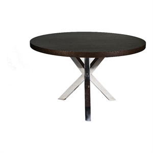 Emi 47 Inch Round Dining Table- X- Cross Brushed Steel- Dark Brown Wood