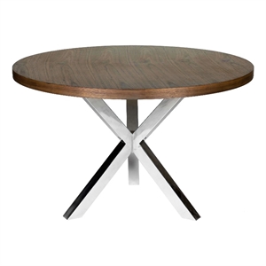 Emi 47 Inch Round Dining Table- X- Cross Brushed Steel- Walnut Brown Wood