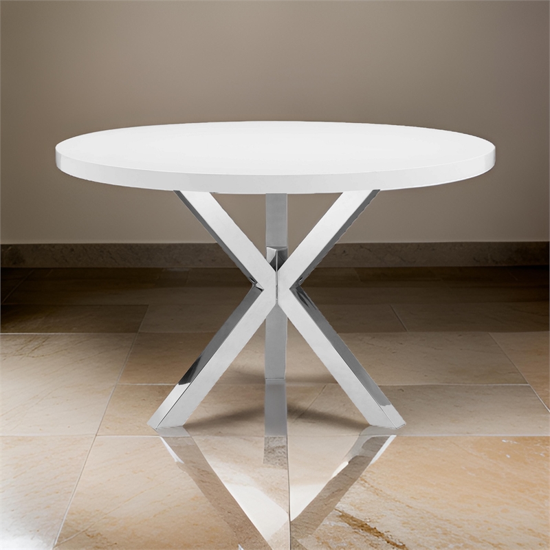 Emi 47 Inch Round Dining Table- X- Cross Brushed Steel- White Wood