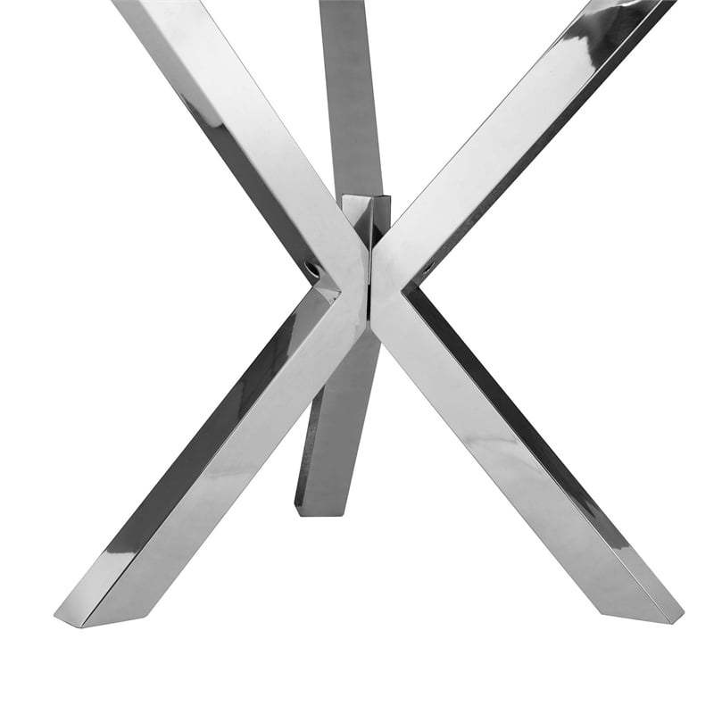 Emi 47 Inch Round Dining Table- X- Cross Brushed Steel- White Wood