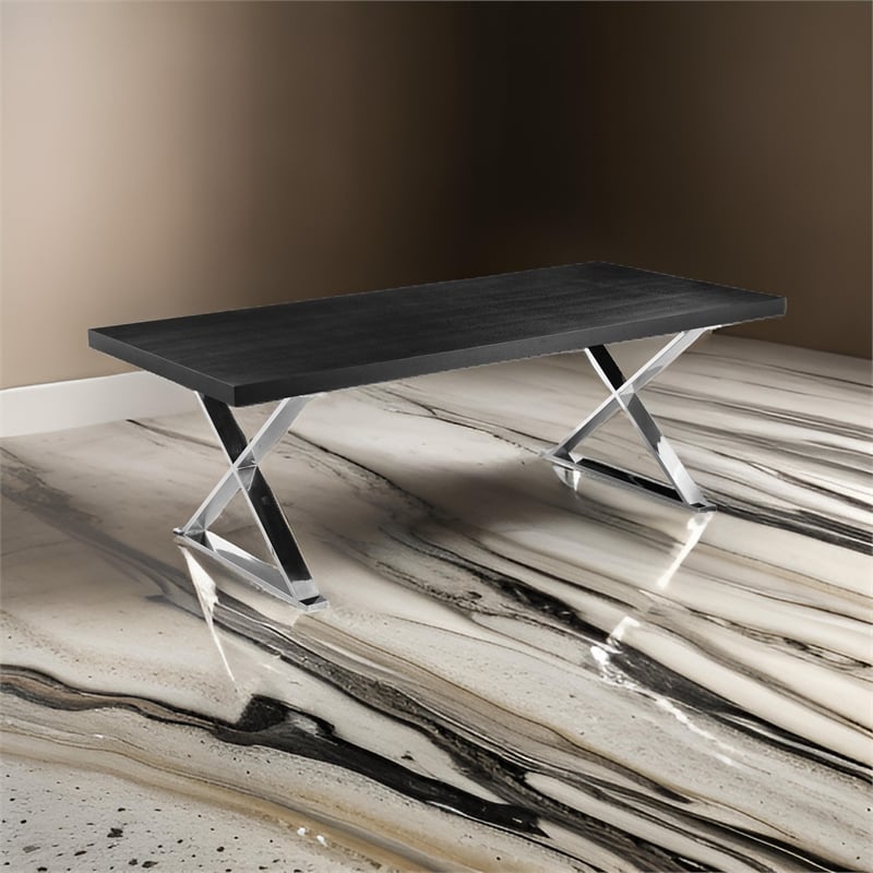 Rix 87 Inch Dining Table- Black Wood Top- X Chrome Finished Steel Legs