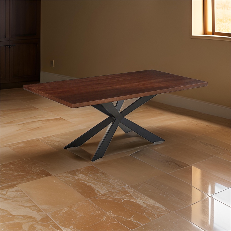 Ren 81 Inch Dining Table- Rectangular Top- Cross Base- Walnut Brown- Black