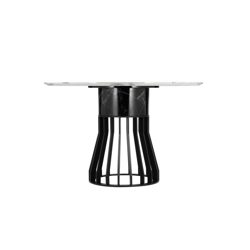 Jett 47 Inch Dining Table- White Round Marble Top- Metal Cage Frame Base