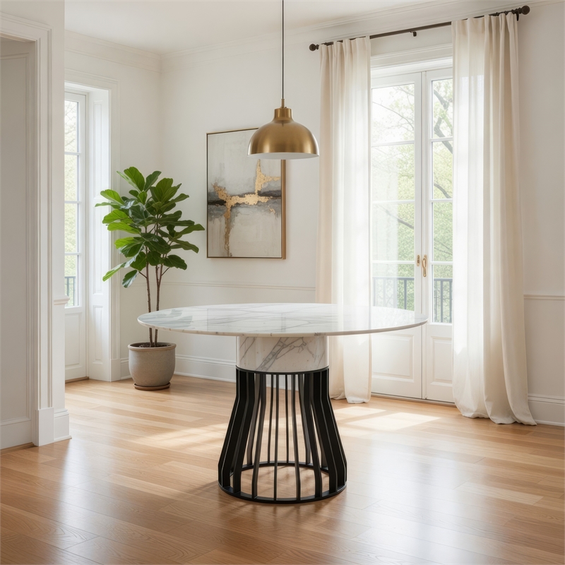 Jett 47 Inch Dining Table- White Round Marble Top- Metal Cage Frame Base