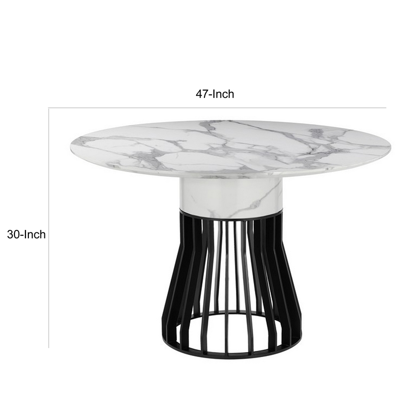 Jett 47 Inch Dining Table- White Round Marble Top- Metal Cage Frame Base