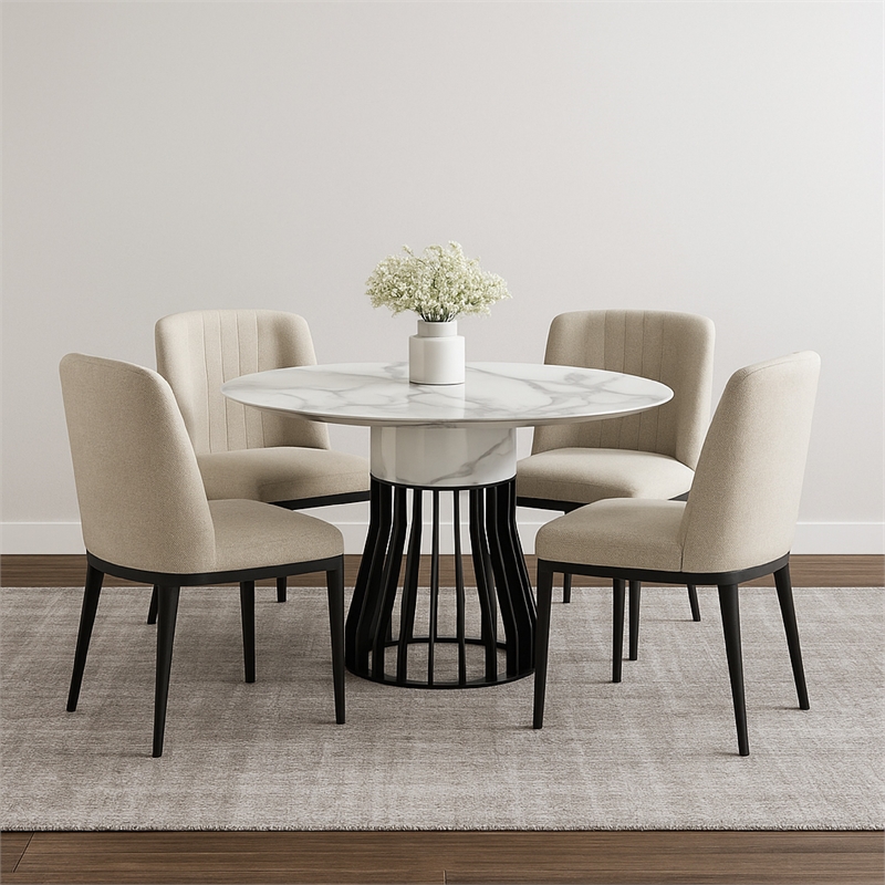 Jett 47 Inch Dining Table- White Round Marble Top- Metal Cage Frame Base