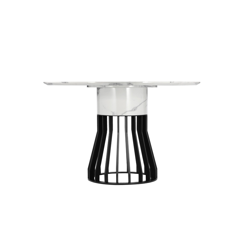 Jett 47 Inch Dining Table- White Round Marble Top- Metal Cage Frame Base