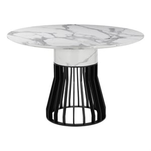 Jett 47 Inch Dining Table- White Round Marble Top- Metal Cage Frame Base