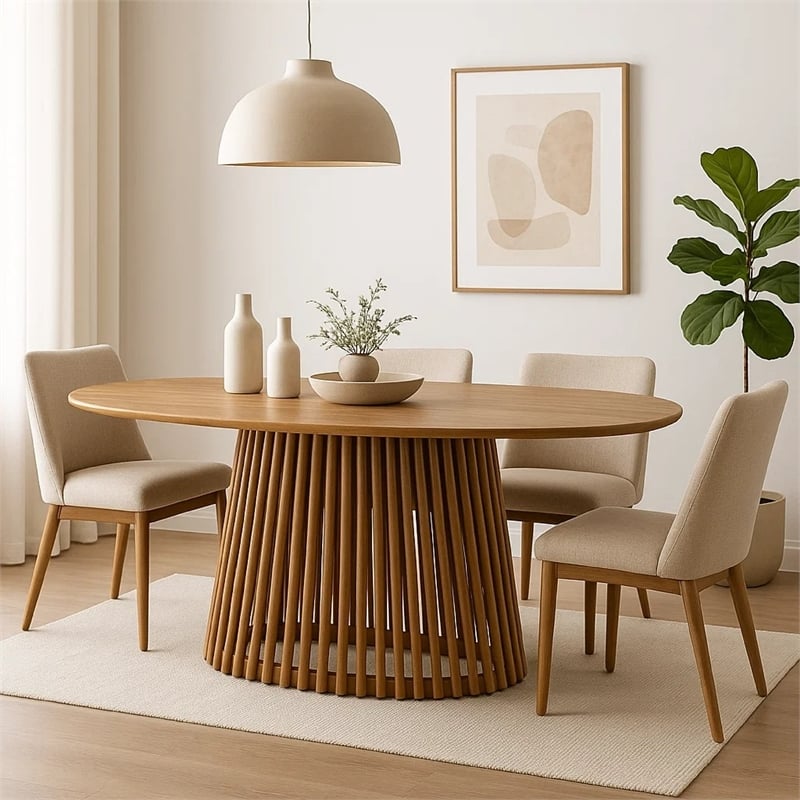 Lev Dining Table- 79 Inch Oval Top- Pedestal Base- Natural Brown Wood