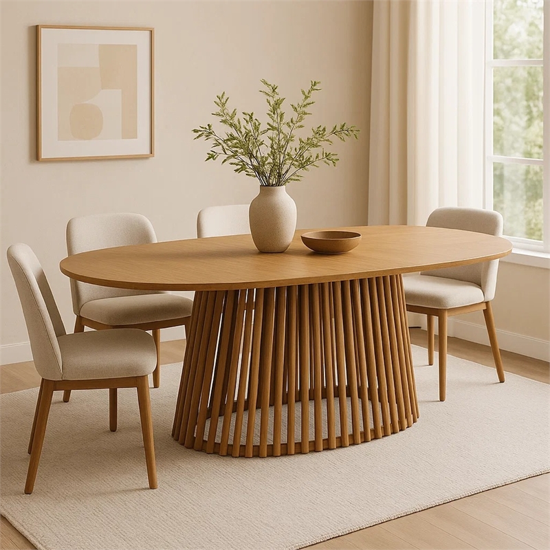 Lev Dining Table- 79 Inch Oval Top- Pedestal Base- Natural Brown Wood
