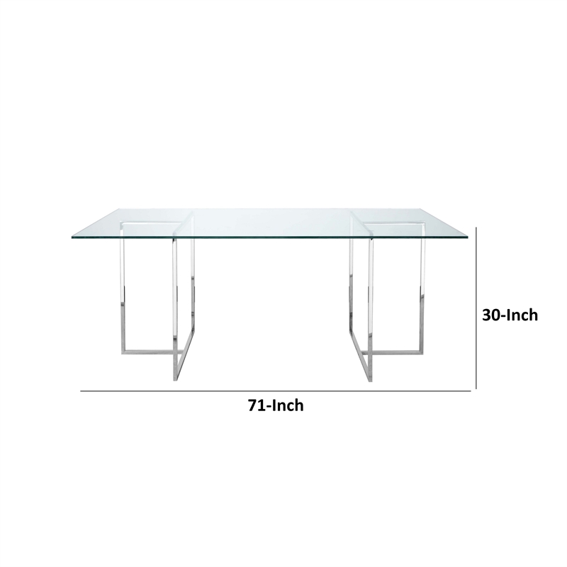 Nisa 71 Inch Dining Table- Tempered Glass Rectangular Top- Chrome Metal