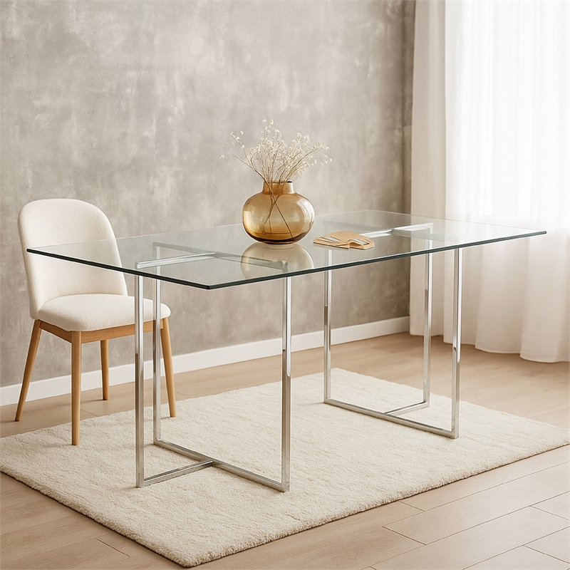 Nisa 71 Inch Dining Table- Tempered Glass Rectangular Top- Chrome Metal