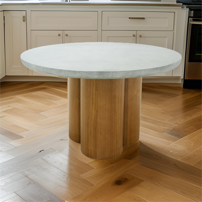 Cid Ziv 47 Inch Dining Table- Gray Faux Concrete Round Top- 3 Pillar Base