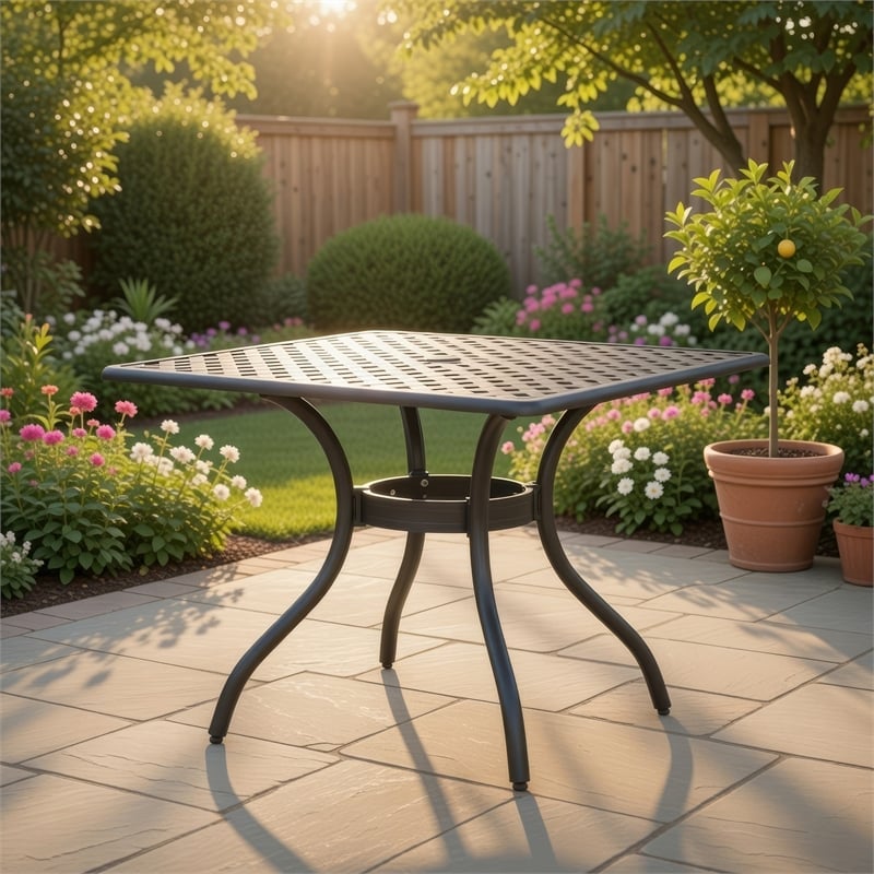 Cay Outdoor Dining Table- 40 Inch Square Top- Black Lattice Metal Design