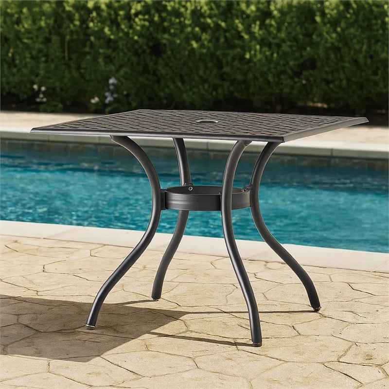 Cay Outdoor Dining Table- 40 Inch Square Top- Black Lattice Metal Design