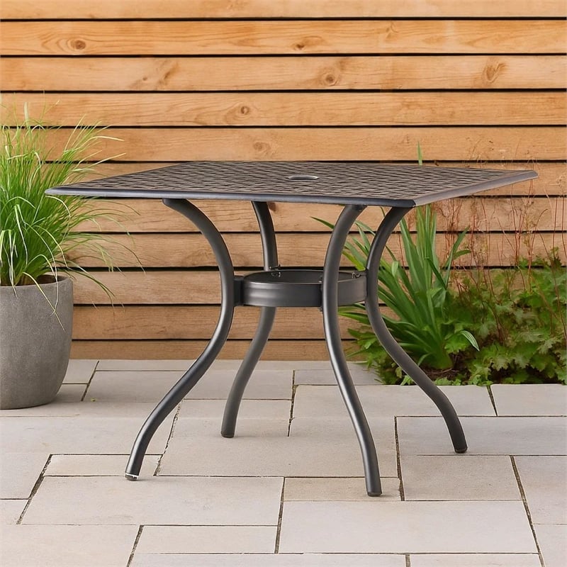 Cay Outdoor Dining Table- 40 Inch Square Top- Black Lattice Metal Design