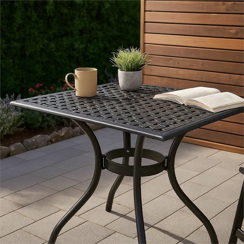 Cay Outdoor Dining Table- 40 Inch Square Top- Black Lattice Metal Design