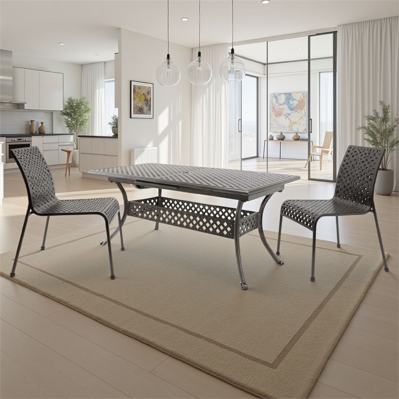 Dining Table- 64-82 Inch Extendable Acacia Wood Top- Aluminium- Dark Brown