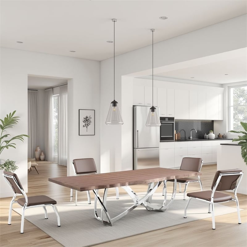Ady Dining Table- 43x95 Walnut Top- Modern Chrome Steel Abstract Base