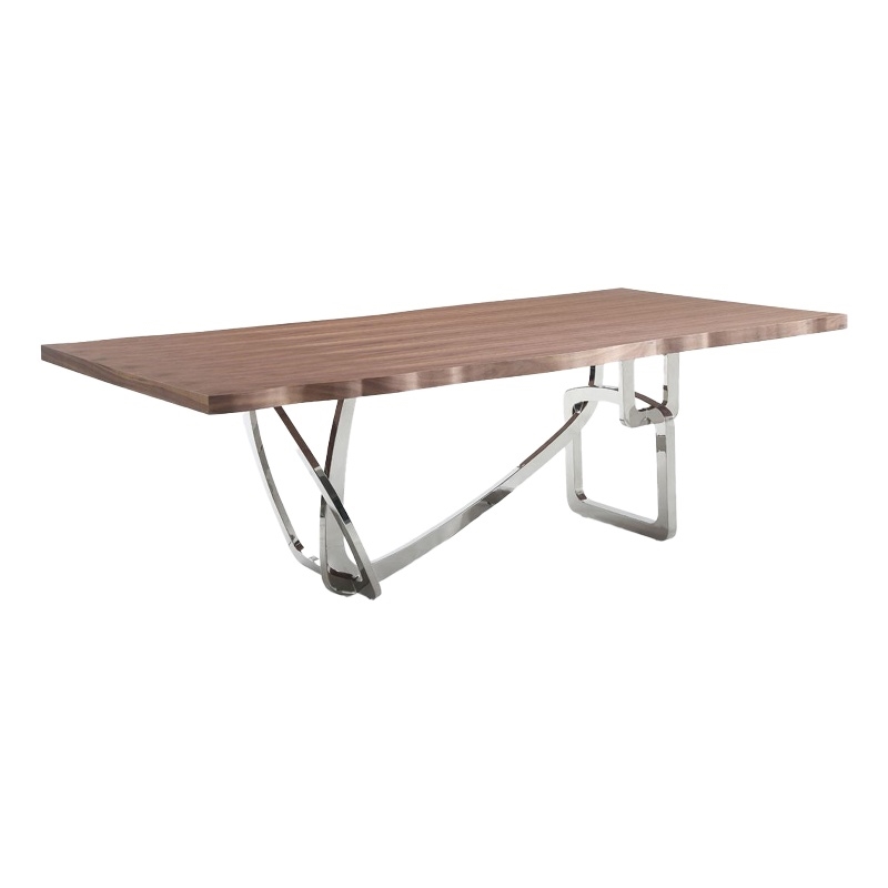 Ady Dining Table- 43x95 Walnut Top- Modern Chrome Steel Abstract Base