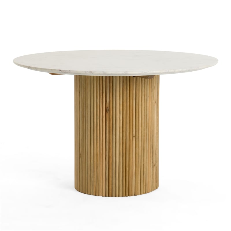 Cid Jolie Dining Table- Fluted Brown Wood- Round Carrara Marble Top- 47 Inch