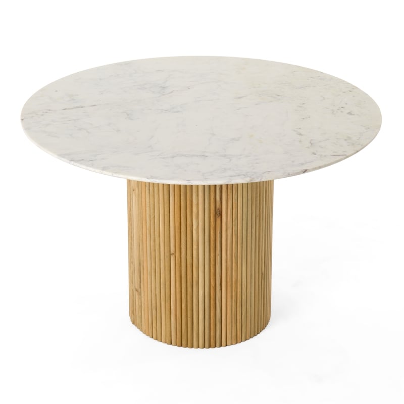 Cid Jolie Dining Table- Fluted Brown Wood- Round Carrara Marble Top- 47 Inch