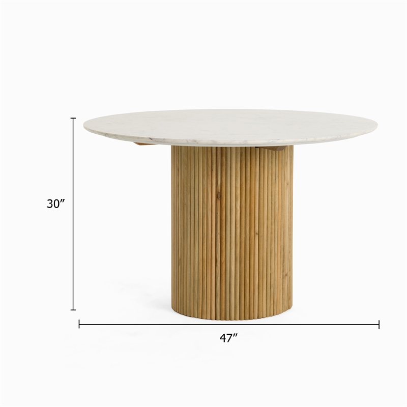 Cid Jolie Dining Table- Fluted Brown Wood- Round Carrara Marble Top- 47 Inch