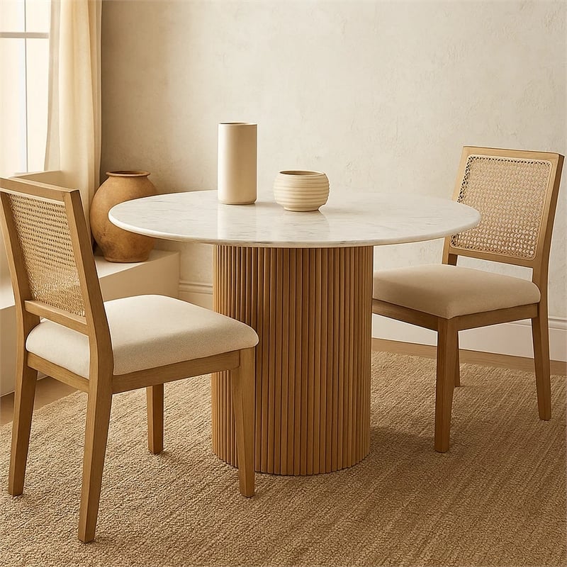 Cid Jolie Dining Table- Fluted Brown Wood- Round Carrara Marble Top- 47 Inch