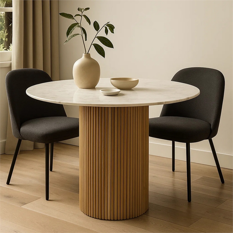 Cid Jolie Dining Table- Fluted Brown Wood- Round Carrara Marble Top- 47 Inch