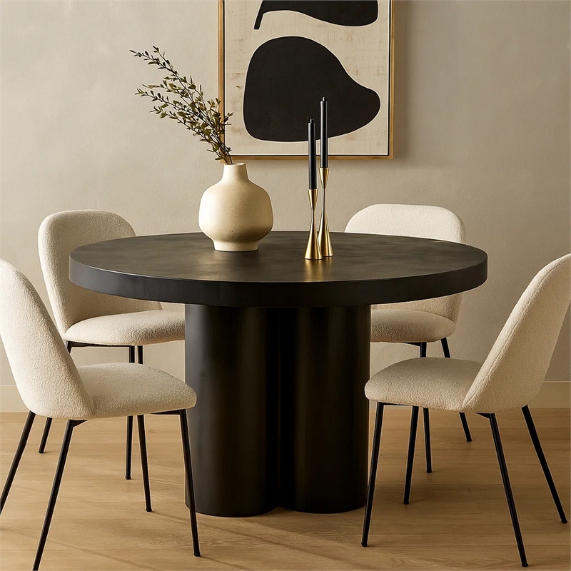Cid Run Dining Table- Black Concrete Abstract Base- Round 43 Inch