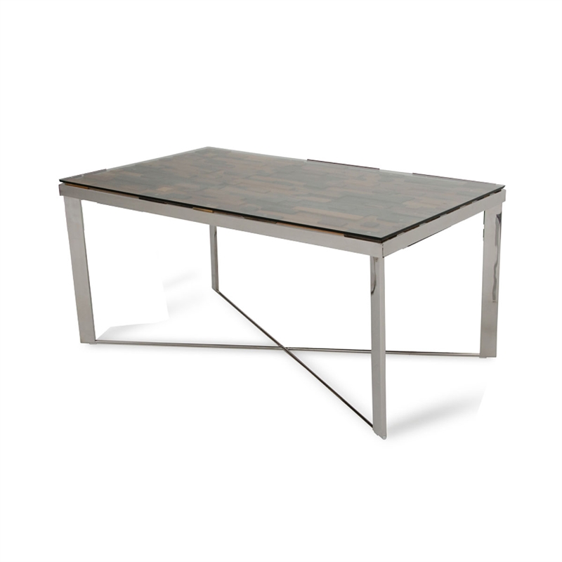 Cid Tiha Dining Table- Reclaimed Ship Wood and Glass Top- 64 Inch Brown