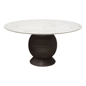 Hizy Dining Table- 60 Inch- Round White Marble Top- Acacia Wood Base