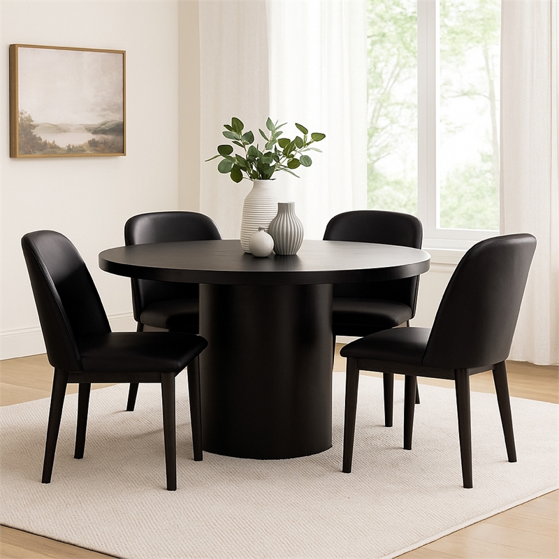 Reny Dining Table- 54 Inch- Round Black Acacia Wood Top- Iron Pedestal