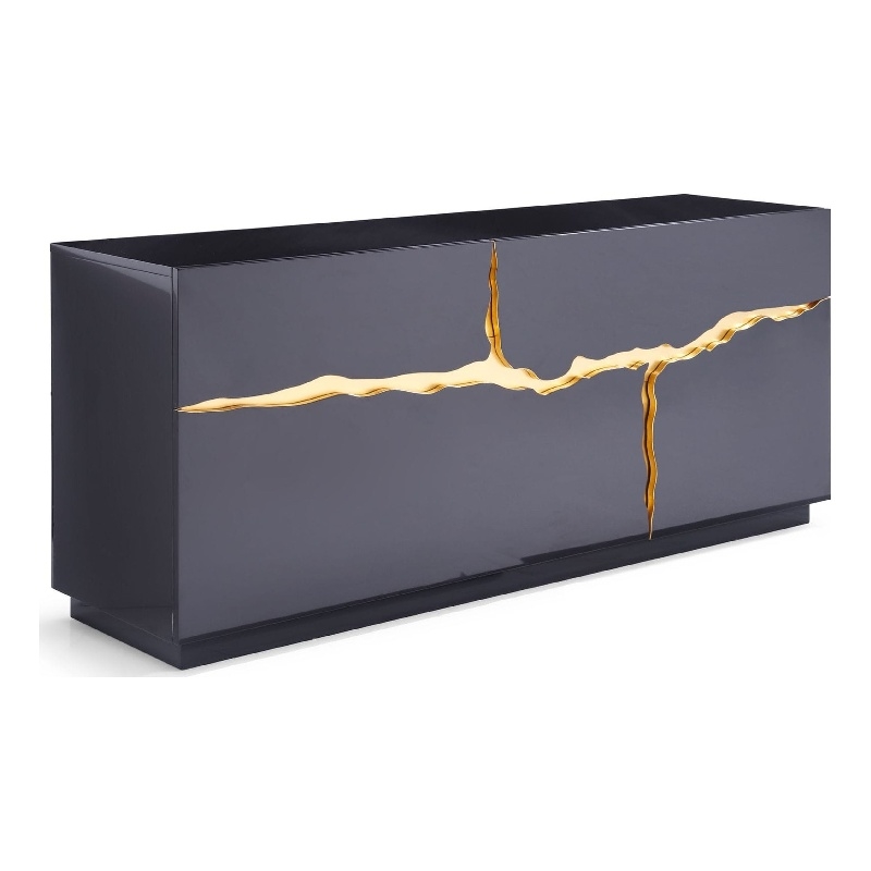Cid Exie Sideboard Buffet Cabinet-71 Inch-2 Drawers-Black with Gold Accents