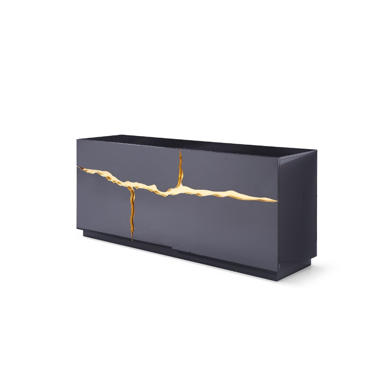 Cid Exie Sideboard Buffet Cabinet-71 Inch-2 Drawers-Black with Gold Accents