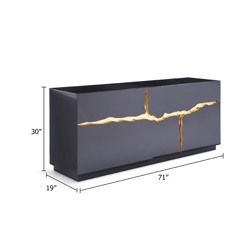 Cid Exie Sideboard Buffet Cabinet-71 Inch-2 Drawers-Black with Gold Accents