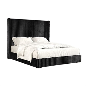 Wolo Twin Bed-Black Fur Chenille Ribbed Upholstery-Wing Headboard