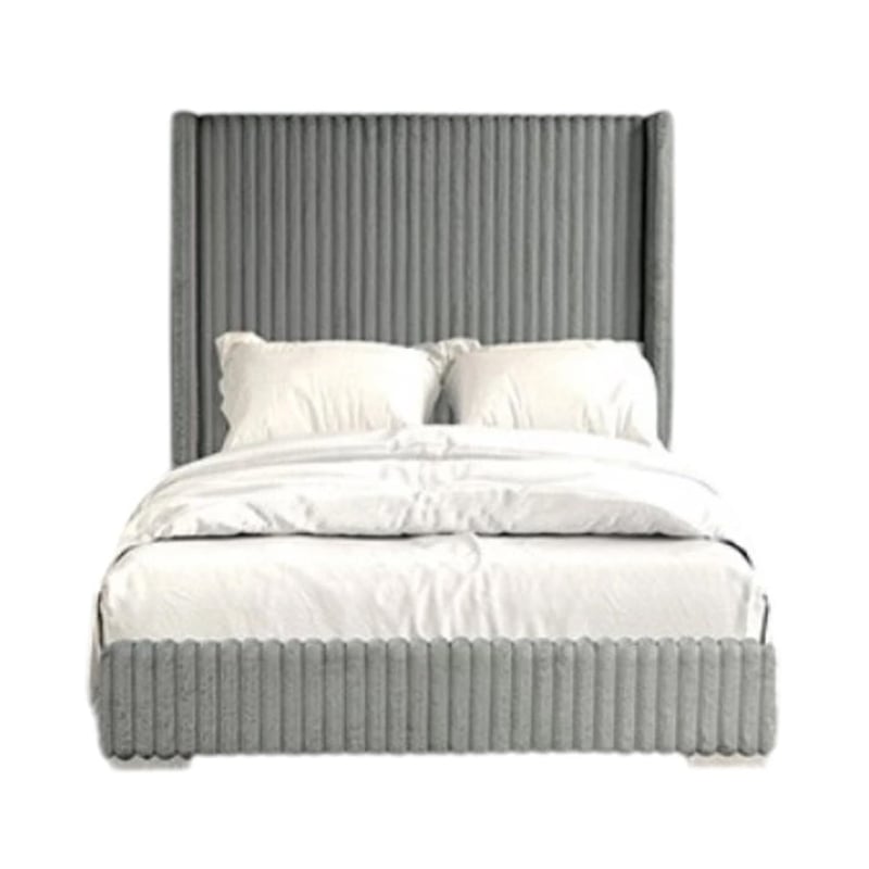 Wolo Full Bed-Gray Fur Chenille Ribbed Upholstery-Wing Headboard