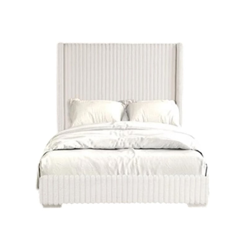 Wolo Full Bed-White Fur Chenille Ribbed Upholstery-Wing Headboard