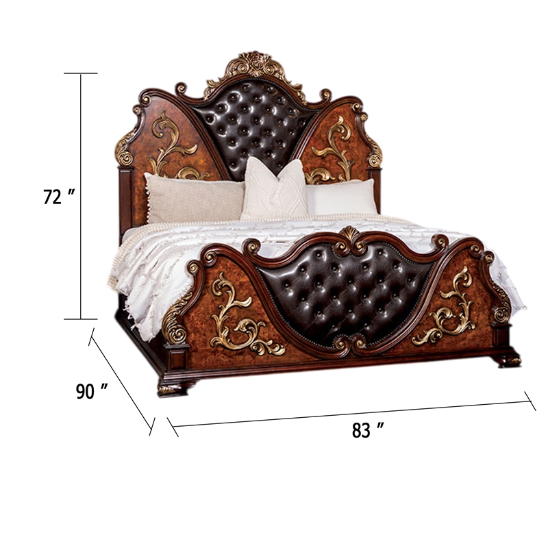 Iliana King Bed-Dark Cherry Brown-Black Faux Leather-Gold Carvings