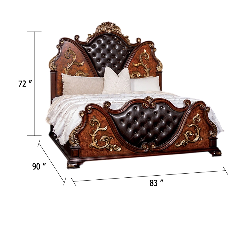 Iliana King Bed-Dark Cherry Brown-Black Faux Leather-Gold Carvings