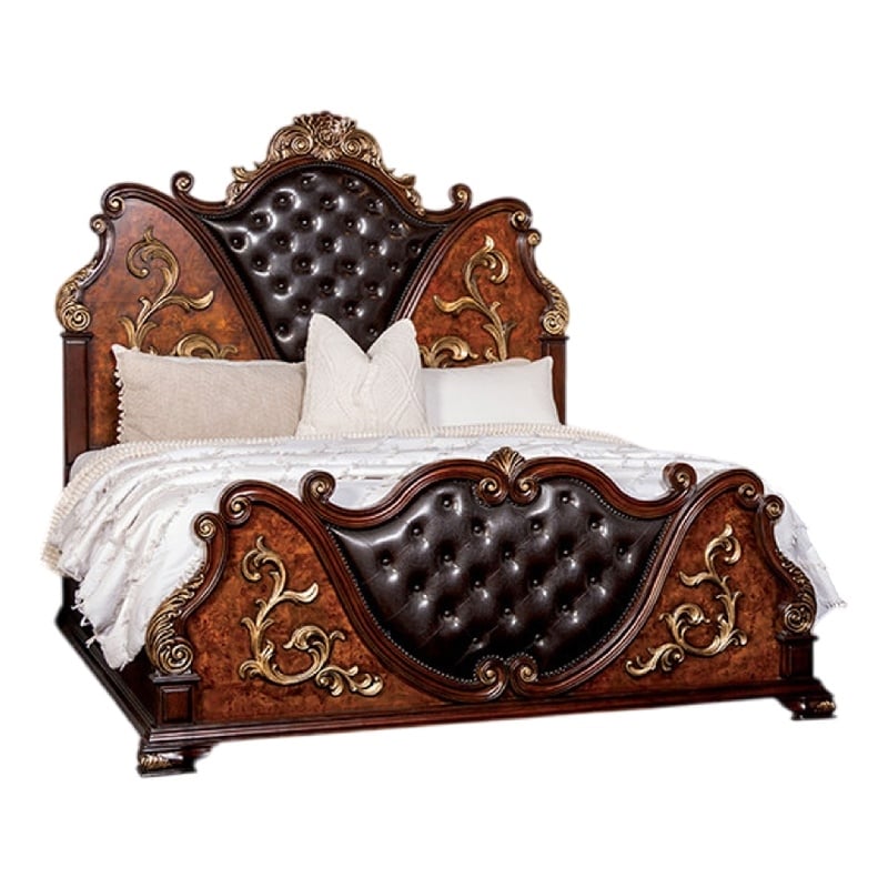 Iliana King Bed-Dark Cherry Brown-Black Faux Leather-Gold Carvings