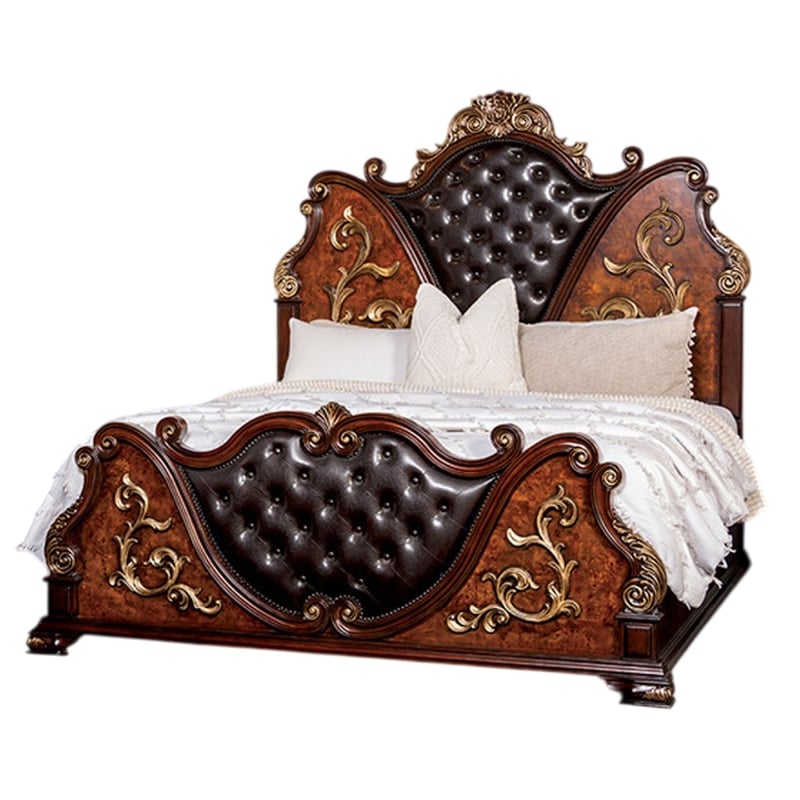 Iliana Queen Bed-Dark Cherry Brown-Black Faux Leather-Gold Carvings