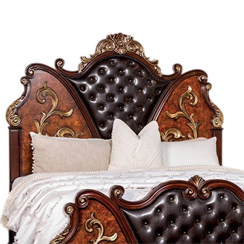 Iliana Queen Bed-Dark Cherry Brown-Black Faux Leather-Gold Carvings